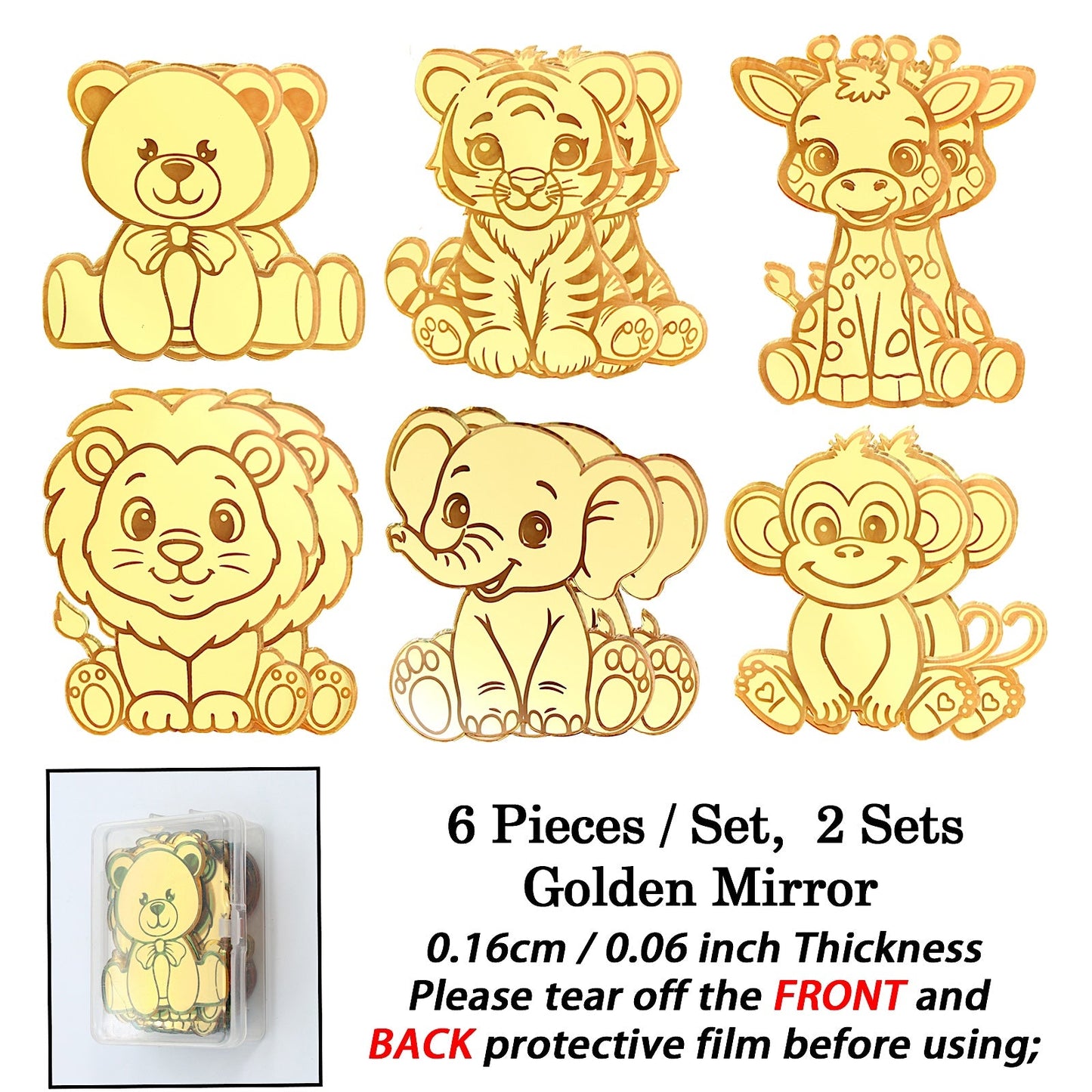 12pcs Gold Mirror Acrylic Animal Cupcake Toppers – Bear, Lion, Giraffe, Monkey, Elephant & Cheetah