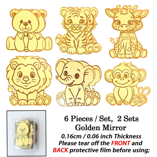 12pcs Gold Mirror Acrylic Animal Cupcake Toppers – Bear, Lion, Giraffe, Monkey, Elephant & Cheetah