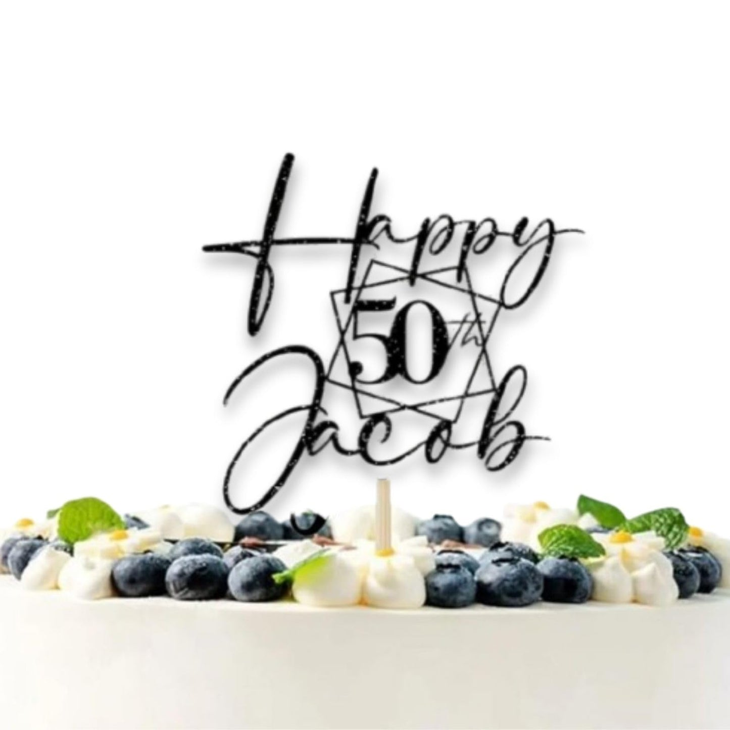 Personalised Happy Birthday Glitter Card Cake Topper by DISPLAY AND WONDER – Custom Age & Name – Birthday Cardstock Toppers – Milestone Birthday Cake Decoration - 50th Birthday Cake Topper - Happy 50th Birthday Cake Topper
