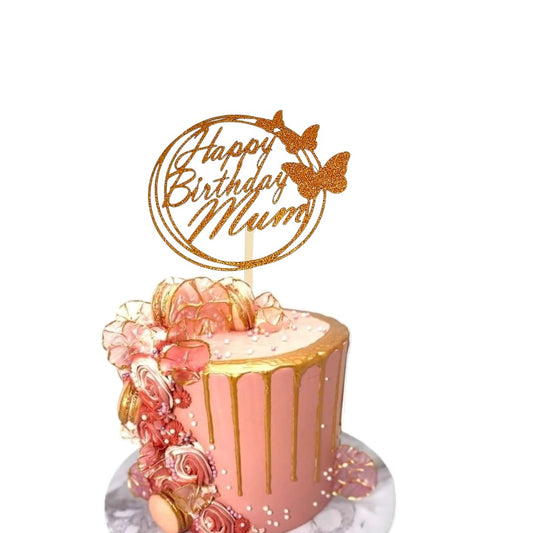 Happy Birthday Mum Cake Topper DOUBLE SIDED Glitter Card Party Decoration Toppers (GOLD)