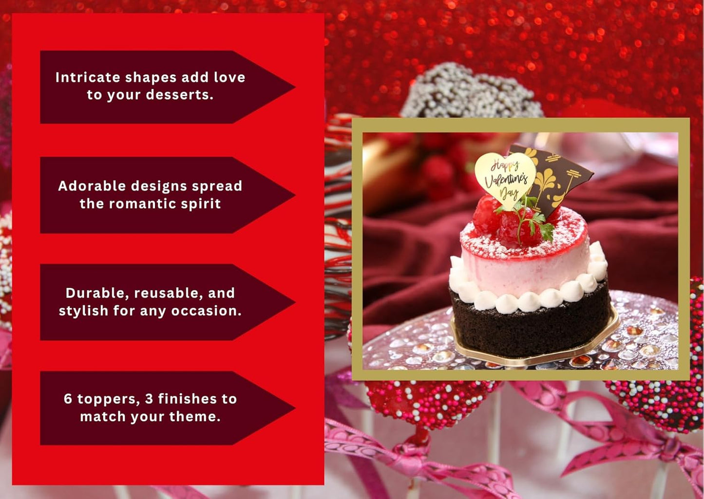 6x Valentine's Day Acrylic Cupcake Toppers Heart shaped Valentines toppers Love Valentine Toppers