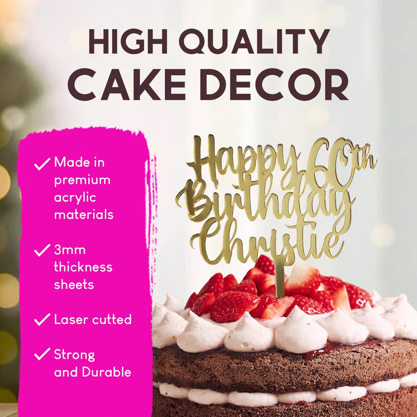 Acrylic Custom Cake Topper | Personalised Cake Toppers | Happy Birthday | Wedding Decoration Table Centre Piece Party Decoration | Strong 3mm Acrylic | Custom Cake Acrylic Topper by Display and Wonder