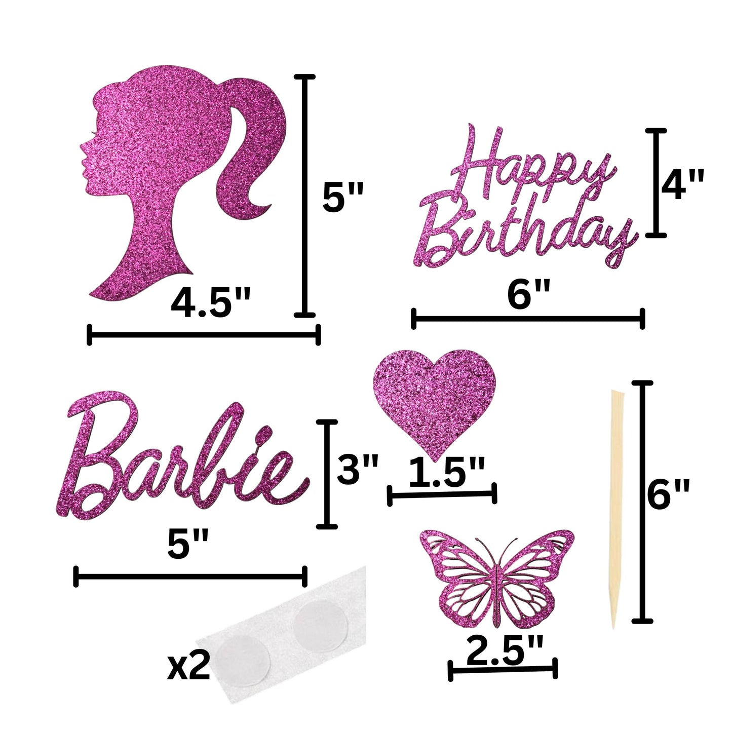 Princess Happy Birthday Cake Toppers Set - Pink Glitter Card Decorations with Head, Girls Happy Birthday Sign, Bamboo Stick, and More - Made in the UK - 9-Piece Bundle for a Magical Celebration