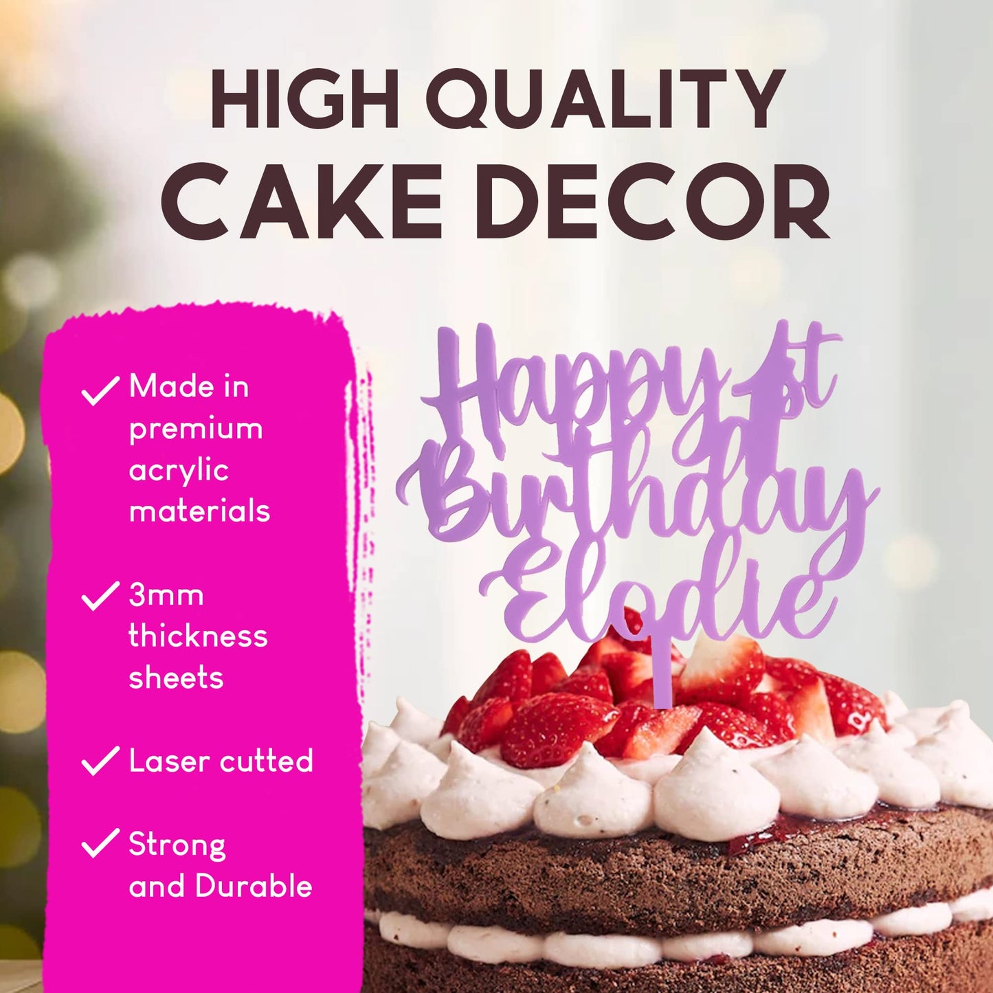 Acrylic Custom Cake Topper | Personalised Cake Toppers | Happy Birthday | Wedding Decoration Table Centre Piece Party Decoration | Strong 3mm Acrylic | Custom Cake Acrylic Topper by Display and Wonder