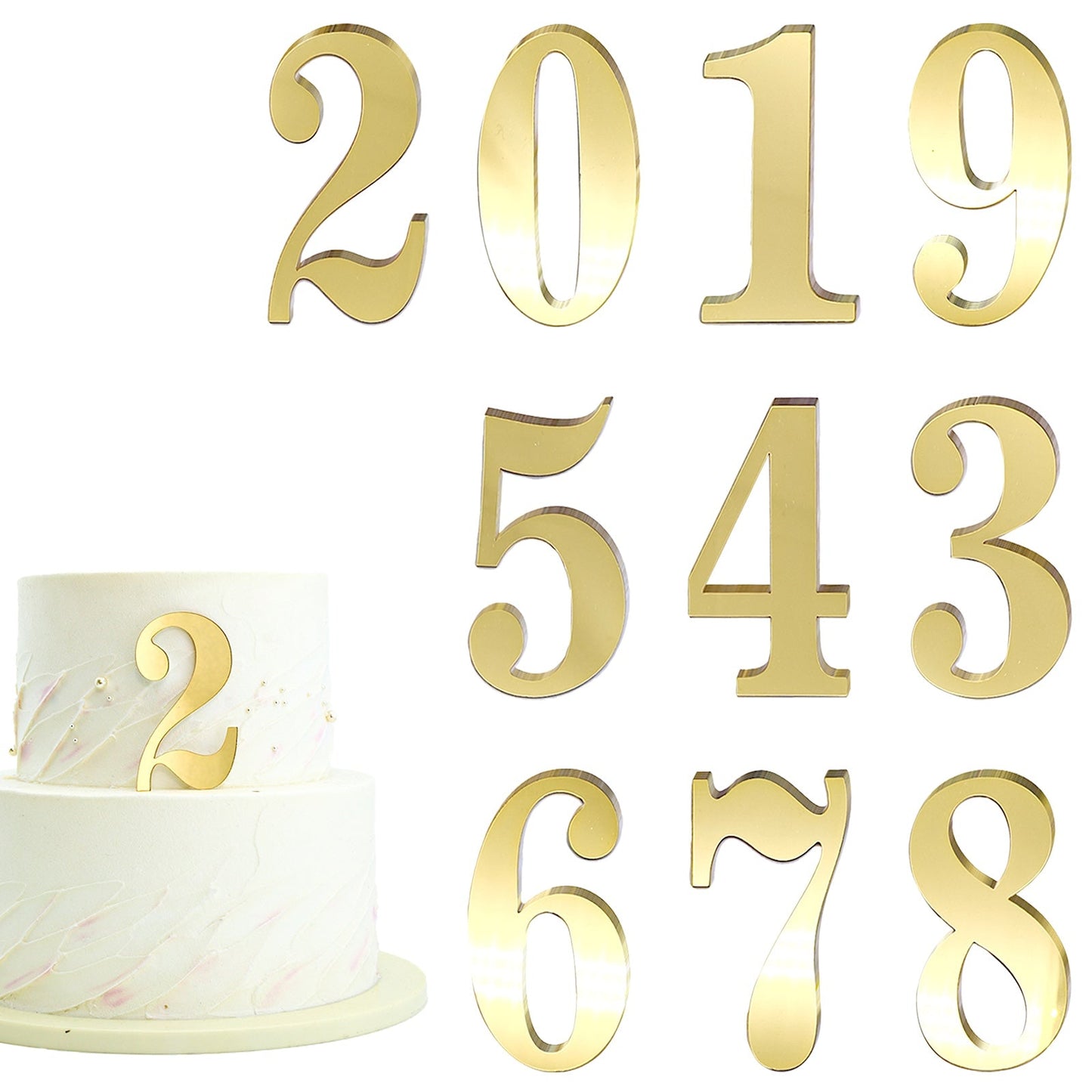 20pcs Golden Mirror Acrylic Number Cake Toppers (0–9) – Birthday & Anniversary Decoration