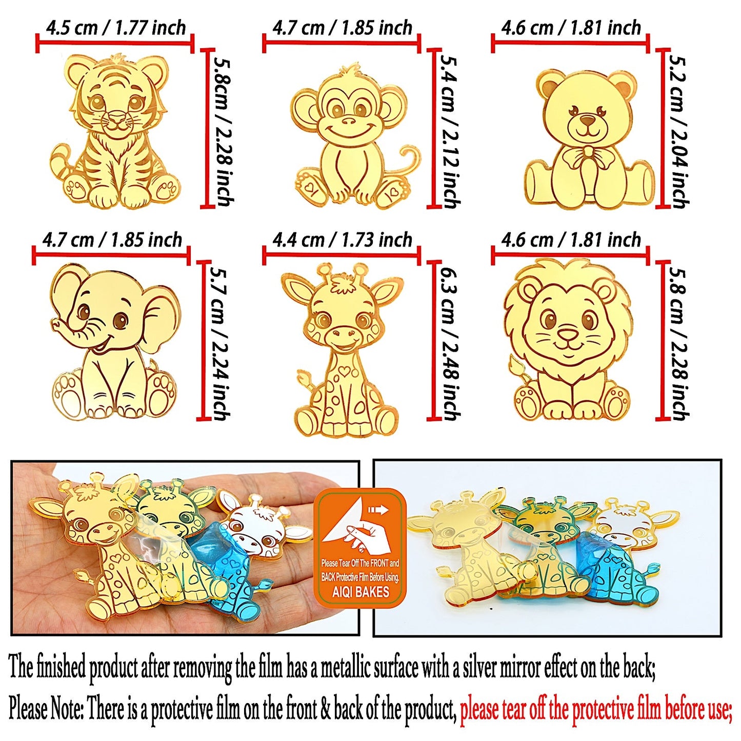 12pcs Gold Mirror Acrylic Animal Cupcake Toppers – Bear, Lion, Giraffe, Monkey, Elephant & Cheetah