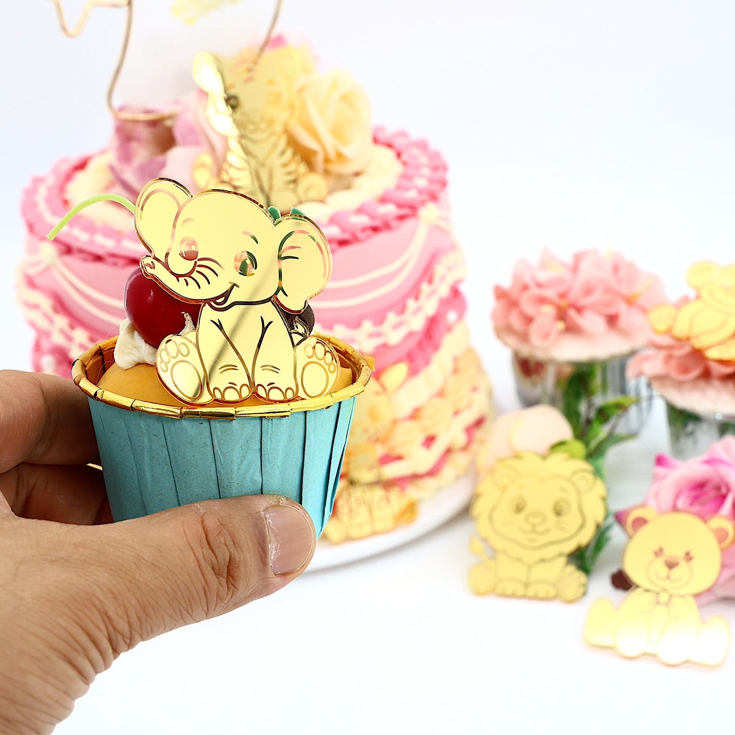 12pcs Gold Mirror Acrylic Animal Cupcake Toppers – Bear, Lion, Giraffe, Monkey, Elephant & Cheetah