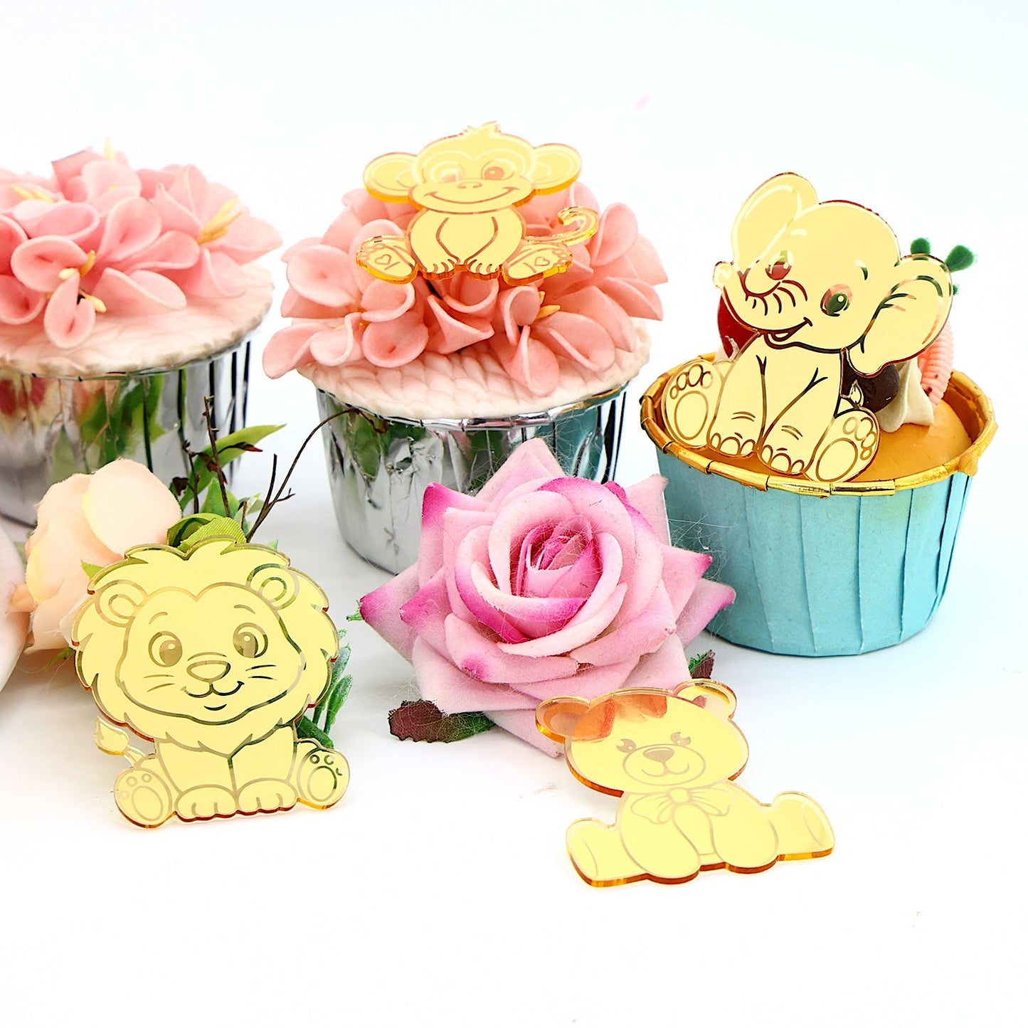 12pcs Gold Mirror Acrylic Animal Cupcake Toppers – Bear, Lion, Giraffe, Monkey, Elephant & Cheetah
