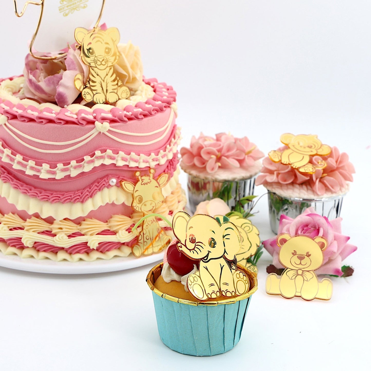 12pcs Gold Mirror Acrylic Animal Cupcake Toppers – Bear, Lion, Giraffe, Monkey, Elephant & Cheetah