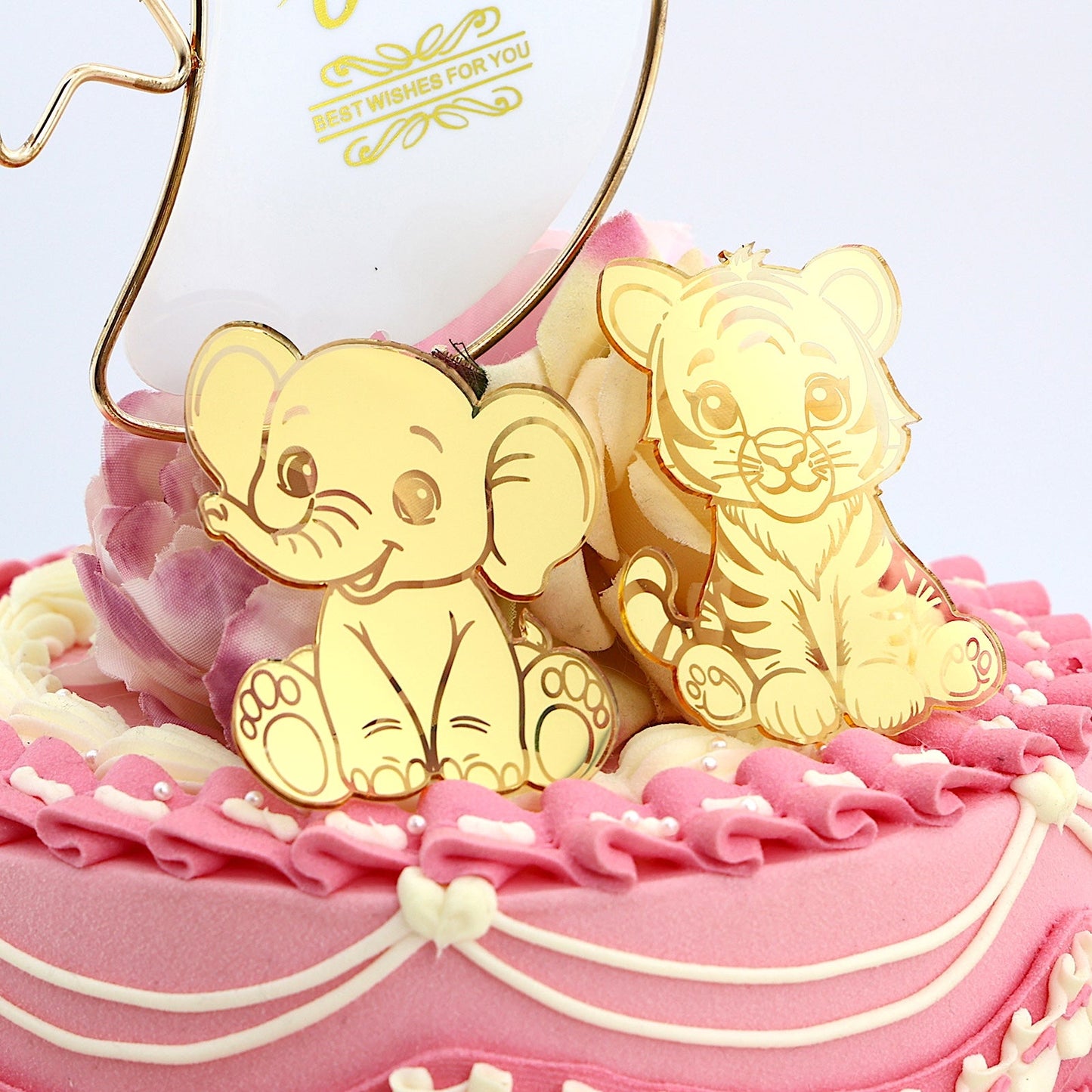 12pcs Gold Mirror Acrylic Animal Cupcake Toppers – Bear, Lion, Giraffe, Monkey, Elephant & Cheetah