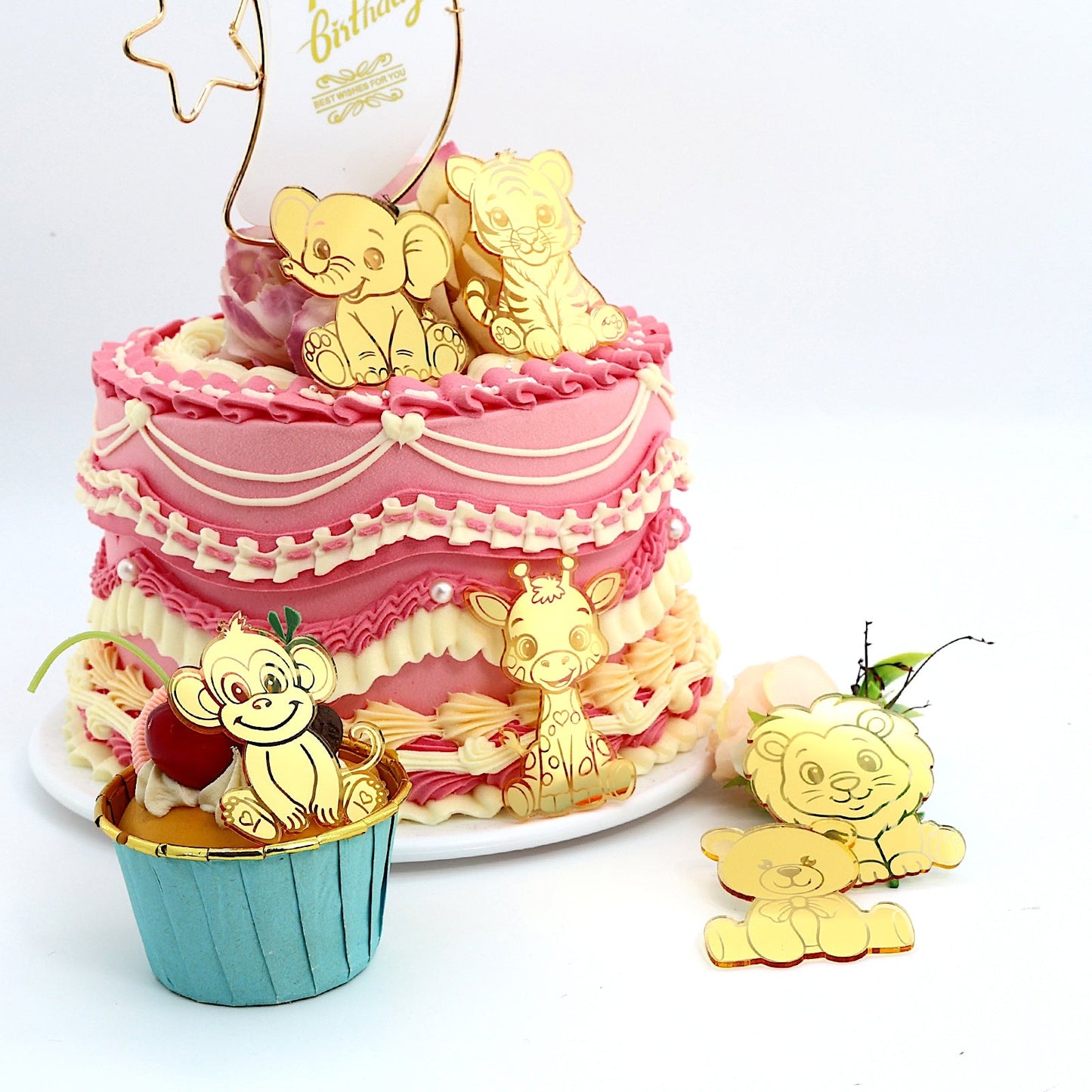 12pcs Gold Mirror Acrylic Animal Cupcake Toppers – Bear, Lion, Giraffe, Monkey, Elephant & Cheetah