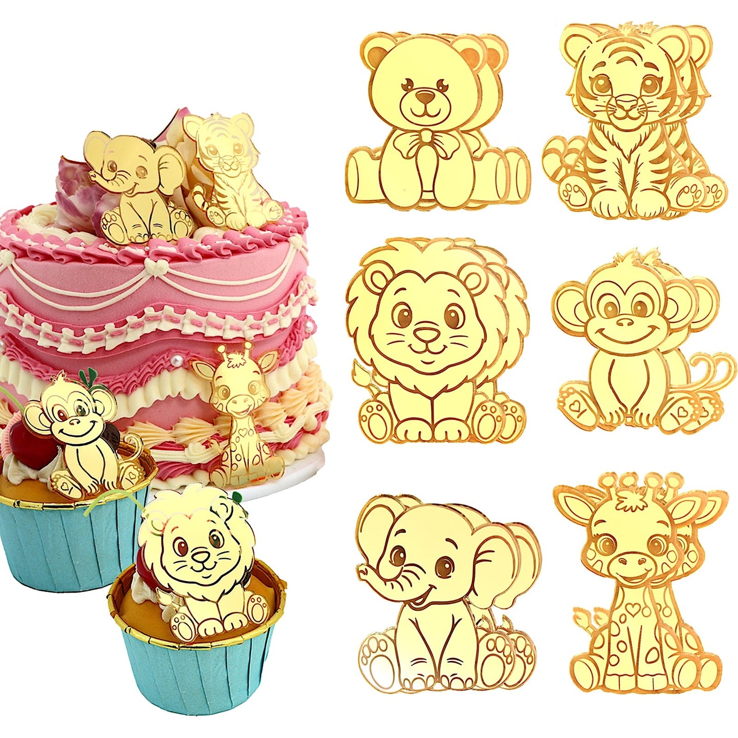 12pcs Gold Mirror Acrylic Animal Cupcake Toppers – Bear, Lion, Giraffe, Monkey, Elephant & Cheetah