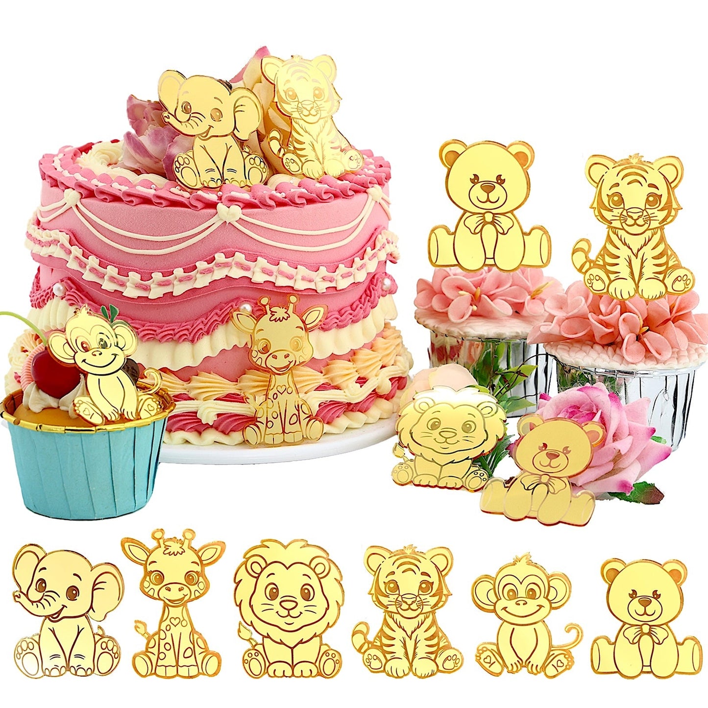 12pcs Gold Mirror Acrylic Animal Cupcake Toppers – Bear, Lion, Giraffe, Monkey, Elephant & Cheetah