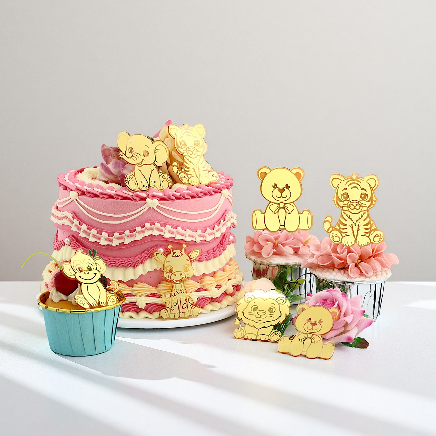 12pcs Gold Mirror Acrylic Animal Cupcake Toppers – Bear, Lion, Giraffe, Monkey, Elephant & Cheetah