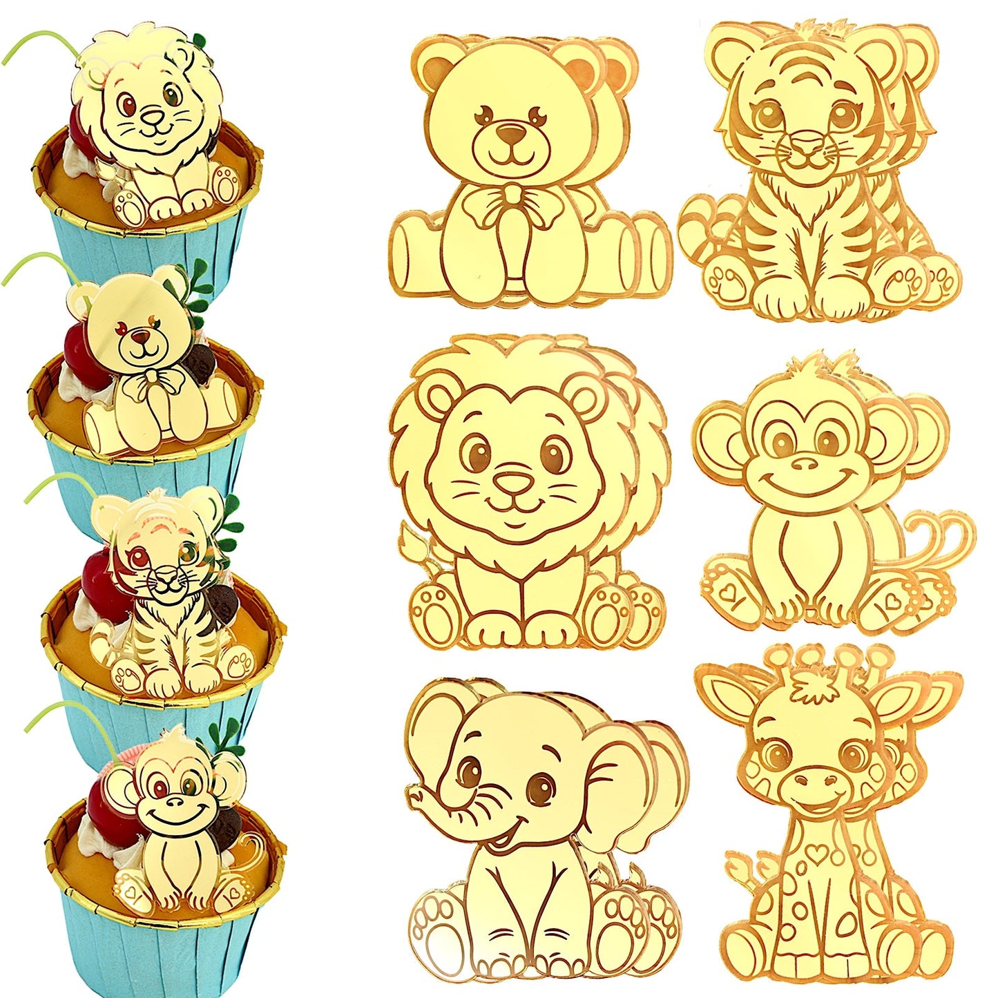 12pcs Gold Mirror Acrylic Animal Cupcake Toppers – Bear, Lion, Giraffe, Monkey, Elephant & Cheetah