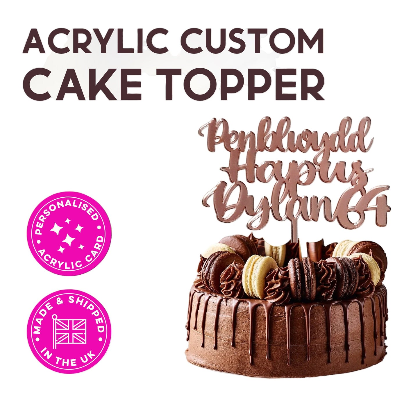 Personalized Welsh Birthday Cake Topper in 16 Colors - Custom Acrylic Decor