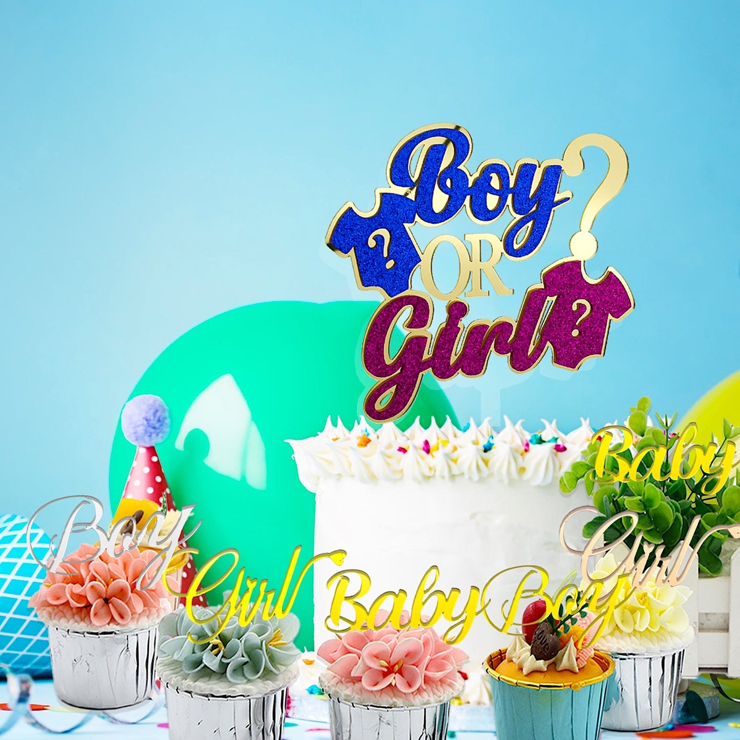 Boy or Girl Gender Reveal Cake Topper Set