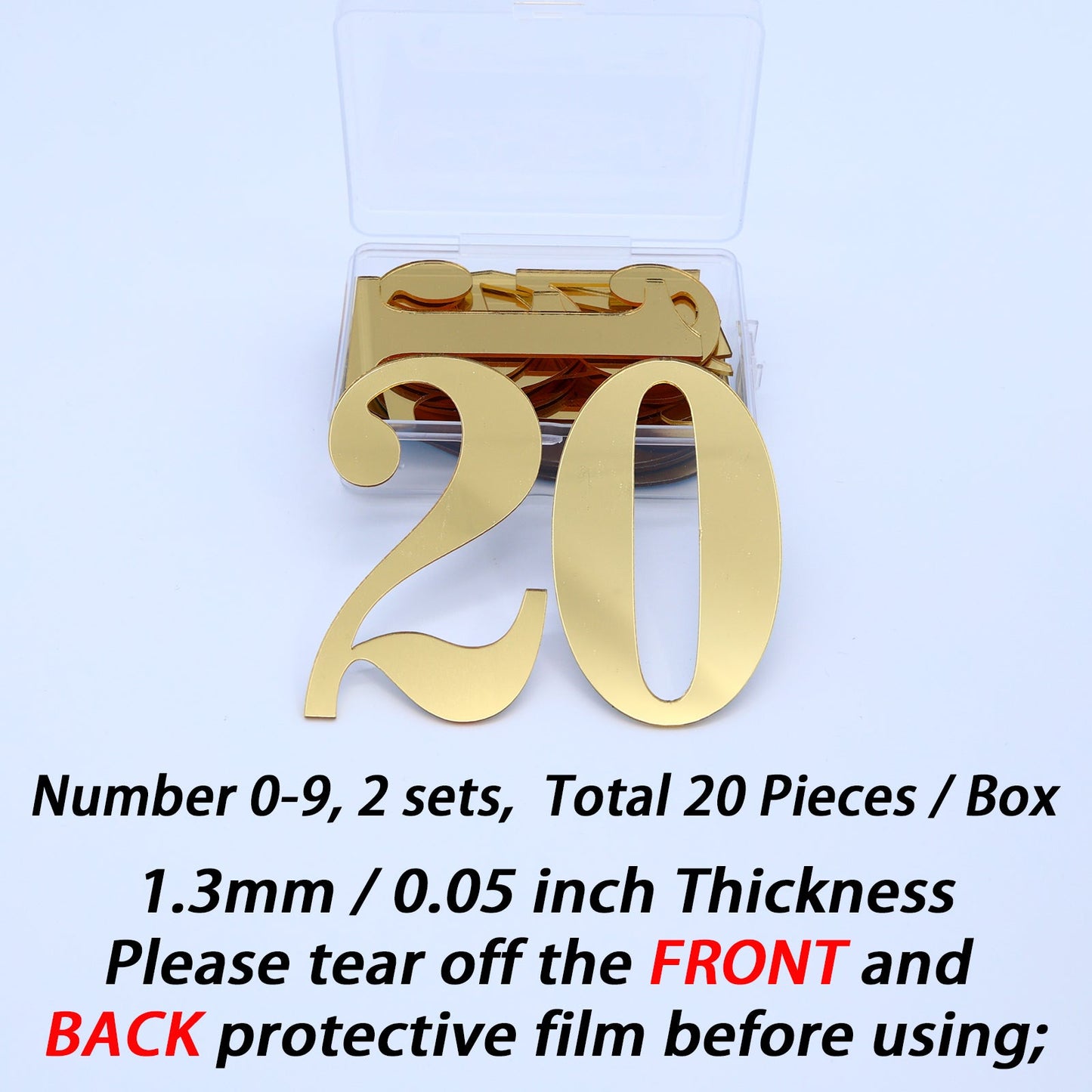 20pcs Golden Mirror Acrylic Number Cake Toppers (0–9) – Birthday & Anniversary Decoration