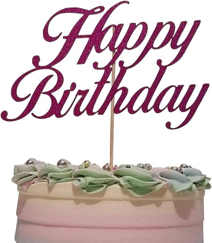 Happy Birthday Cake Topper, By 3 Little Desserts, Double Sided Glitter Card Toppers (BABY PINK)