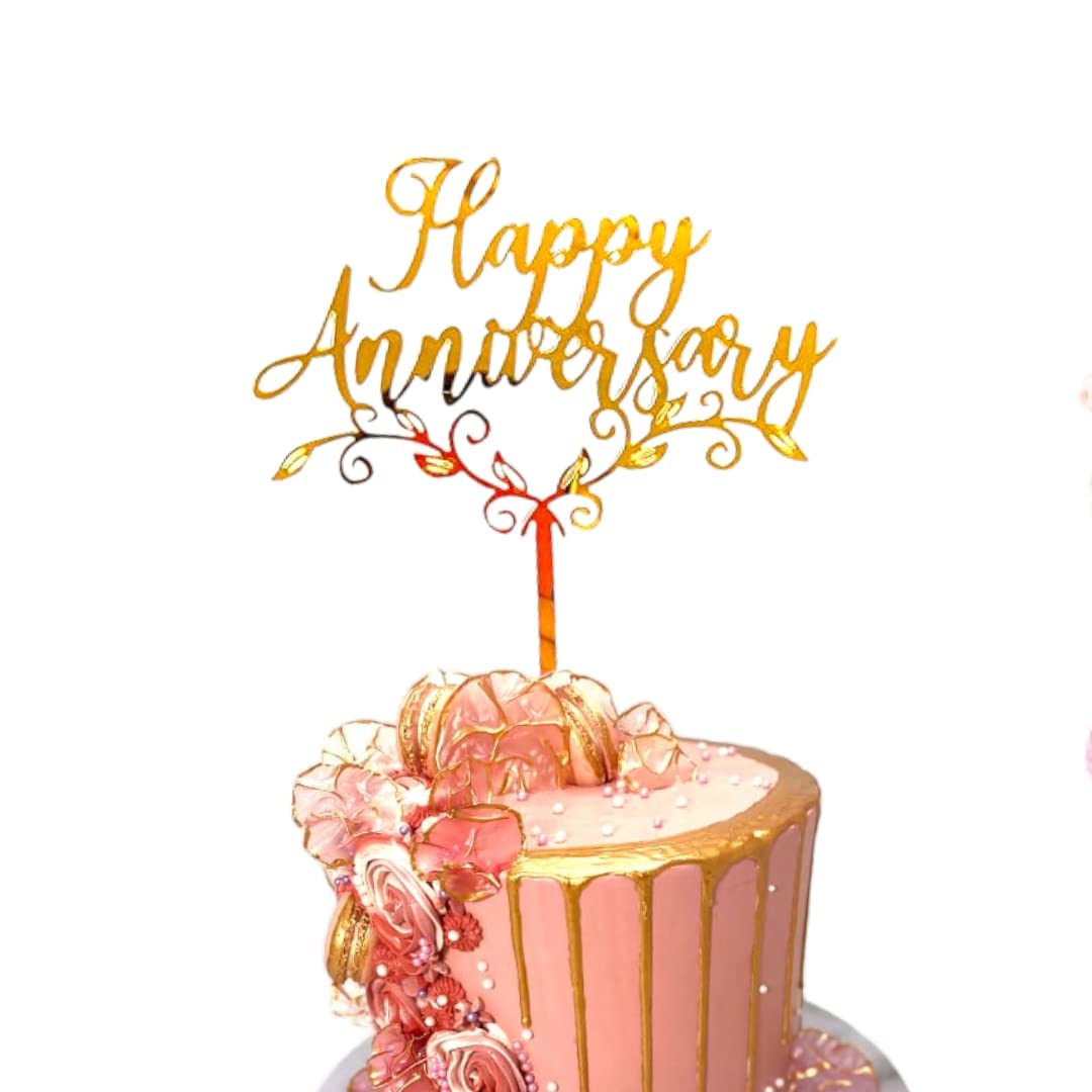 Happy Anniversary Acrylic Wedding Cake Topper Elegant Toppers Decoration UK 6" x 4" Gold