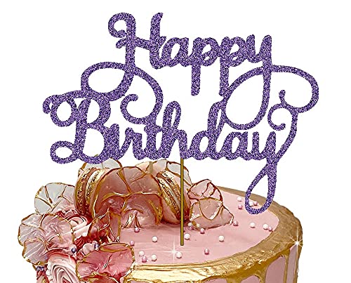 Happy Birthday Cake Topper Glitter Cardstock Toppers - Birthday Decor - Party Decor Supplies - Cake Decoration Items - Glitter Cake Topper - 7 Inches x 5 Inches - Purple
