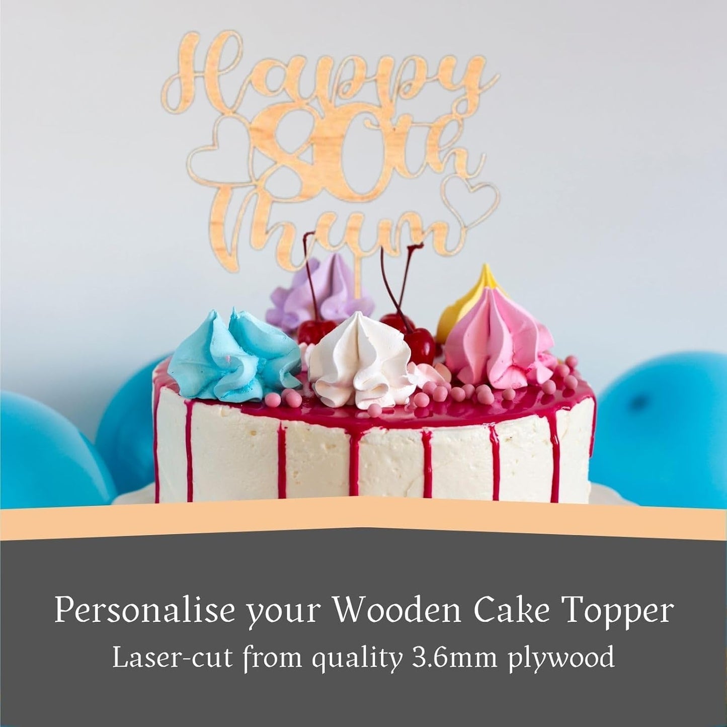 Custom Wooden Cake Topper - Happy Birthday Mum Personalised with any Name and age by DISPLAY AND WONDER