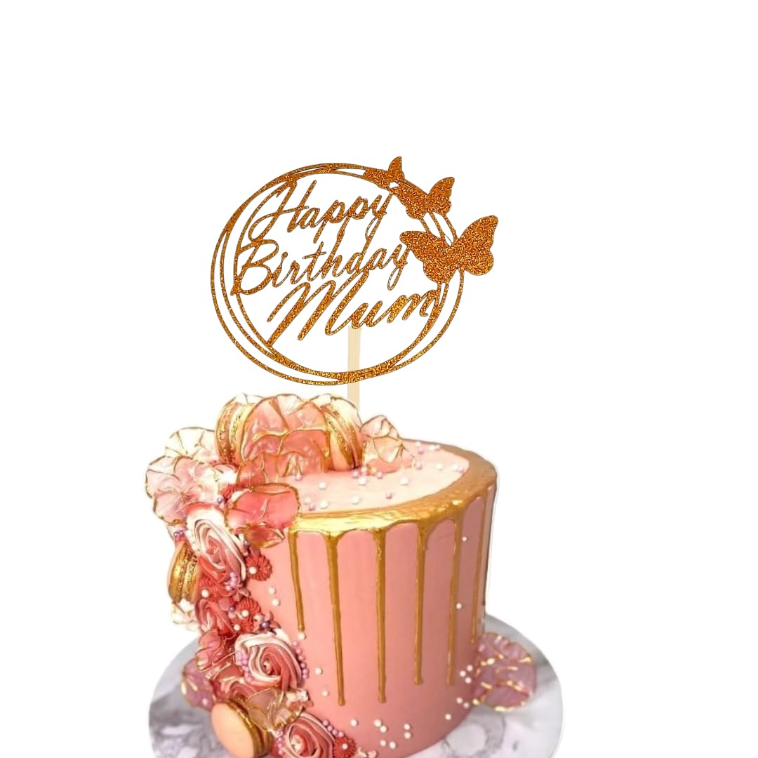 Happy Birthday Mum Cake Topper DOUBLE SIDED Glitter Card Party Decoration Toppers (GOLD)