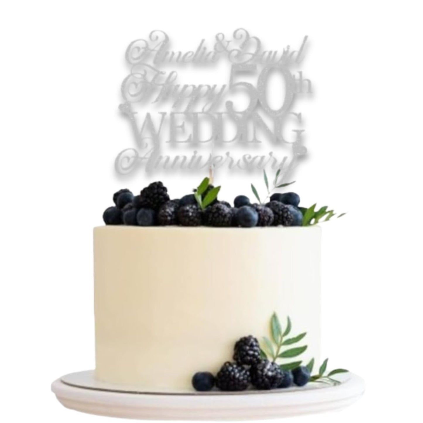 Personalised Happy 50th Anniversary Cake Topper with Custom Year & Name – Personalised Anniversary Glitter Card Cake Topper by DISPLAY AND WONDER – Custom Year & Name – Anniversary Toppers