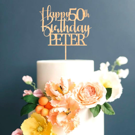 Happy 50th Birthday Wooden Cake Topper with Custom with any Name and Age, Personalised Wood Toppers by DISPLAY AND WONDER
