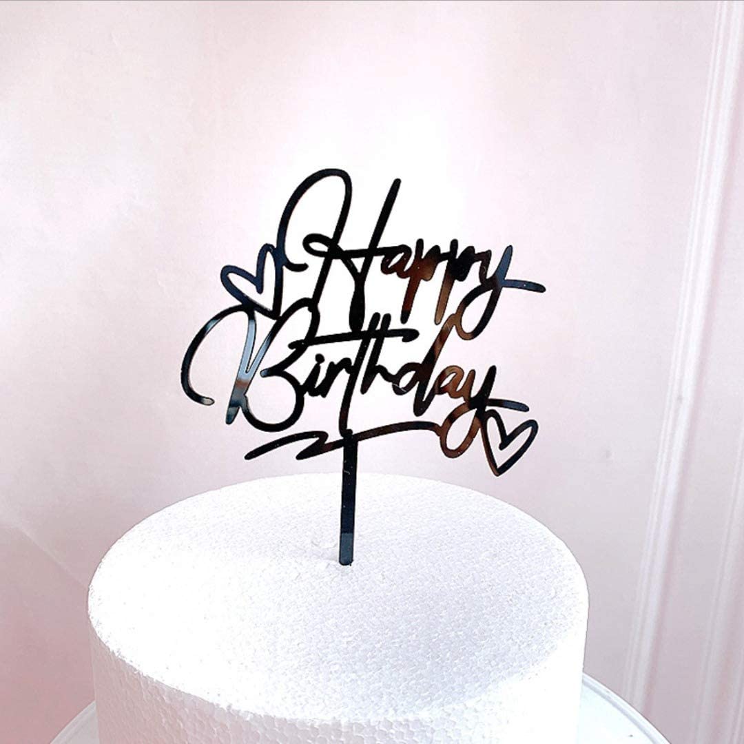 Happy Birthday Cake Toppers Elegant Script Calligraphy Decoration UK Acrylic (BLACK)