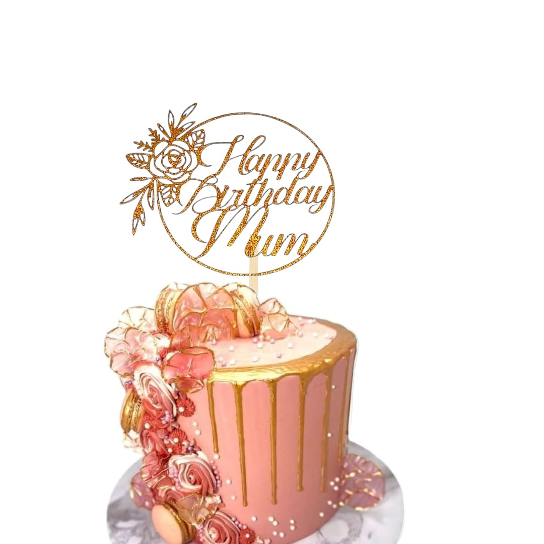 Happy Birthday Mum Cake Topper DOUBLE SIDED Glitter Card Party Decoration Cake Toppers (GOLD)