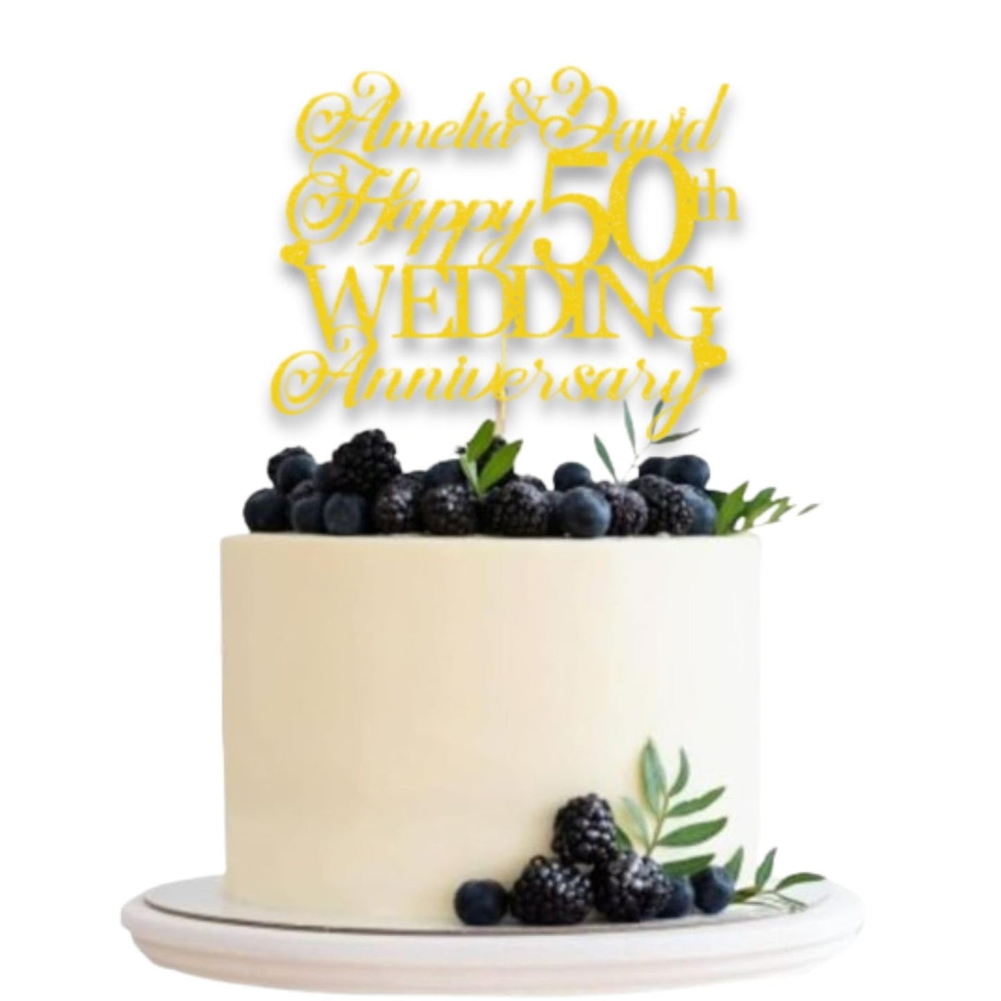 Personalised Happy 50th Anniversary Cake Topper with Custom Year & Name – Personalised Anniversary Glitter Card Cake Topper by DISPLAY AND WONDER – Custom Year & Name – Anniversary Toppers