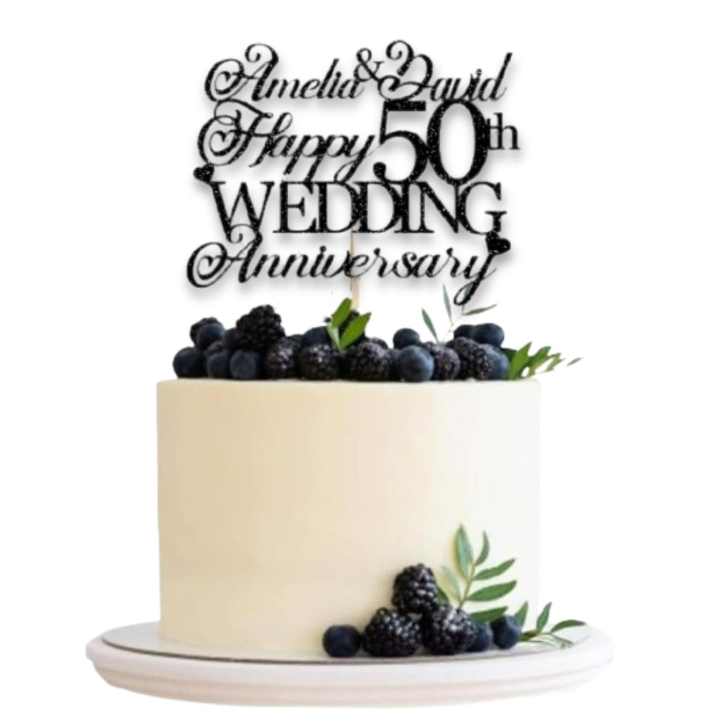 Personalised Happy 50th Anniversary Cake Topper with Custom Year & Name – Personalised Anniversary Glitter Card Cake Topper by DISPLAY AND WONDER – Custom Year & Name – Anniversary Toppers