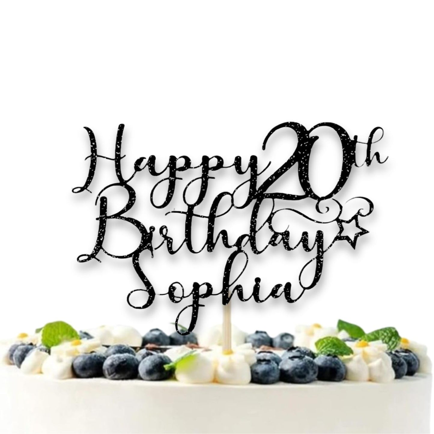 Personalised Happy 20th Birthday Glitter Card Cake Topper by DISPLAY AND WONDER – Custom Age & Name – Birthday Cardstock Toppers – Milestone Birthday Cake Decoration