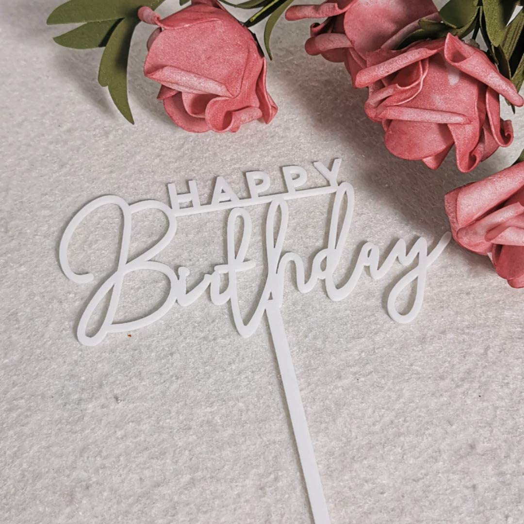 Happy Birthday Cake Toppers Elegant Script Calligraphy Decoration UK Acrylic GOLD BLACK WHITE (WHITE)