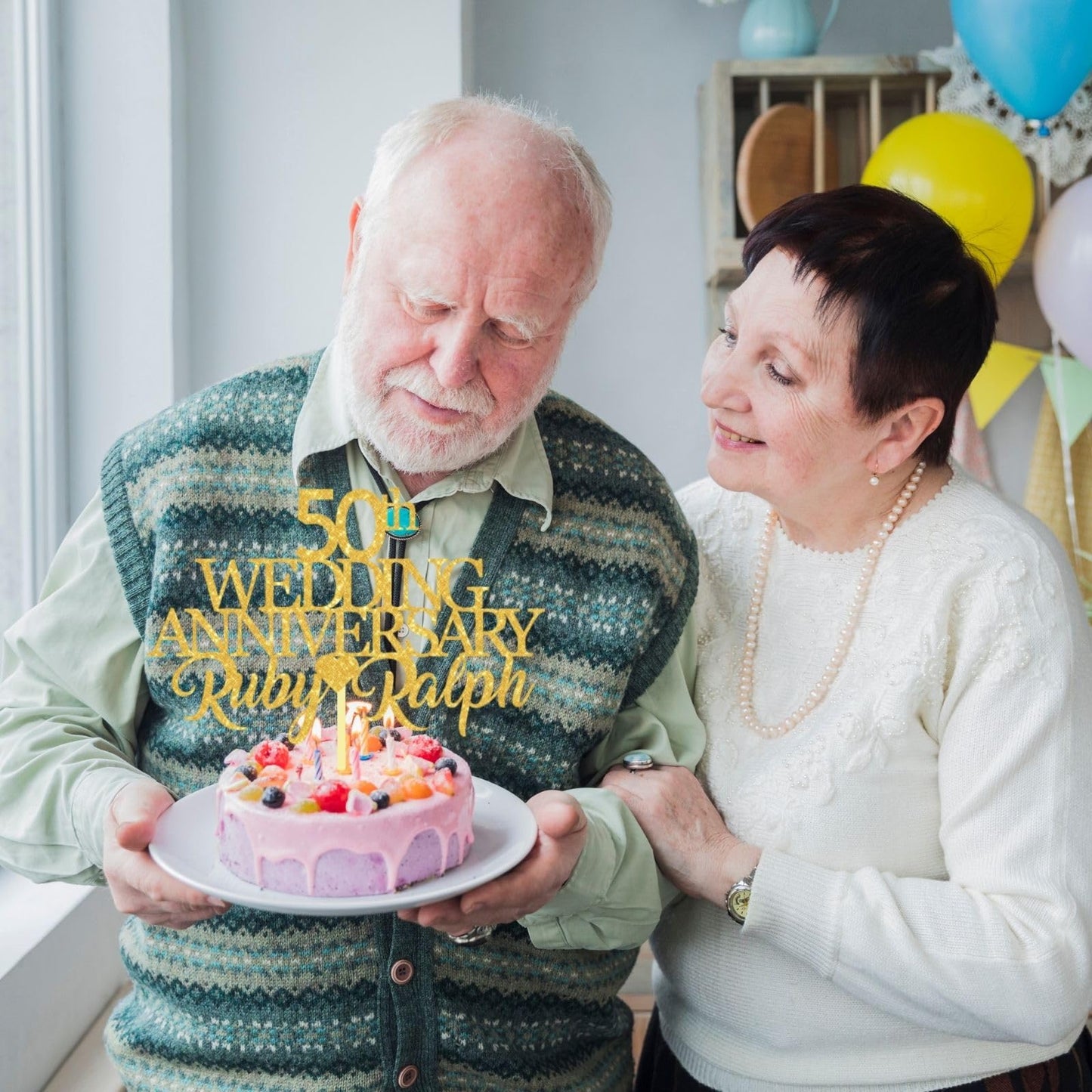 50th Wedding Anniversary Golden Wedding Anniversary Custom Wedding Anniversary with Both Names Any years any Names Personalised Cake Topper Glitter Card by Display  and Wonder