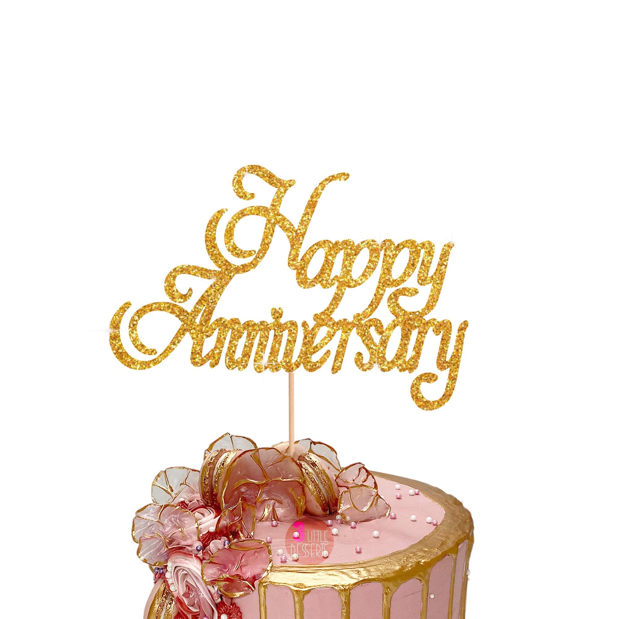 HAPPY ANNIVERSARY Cake Topper Glitter Card Wedding Marriage Elegant Toppers Decoration UK 7.5" x 5.5" (GOLD)