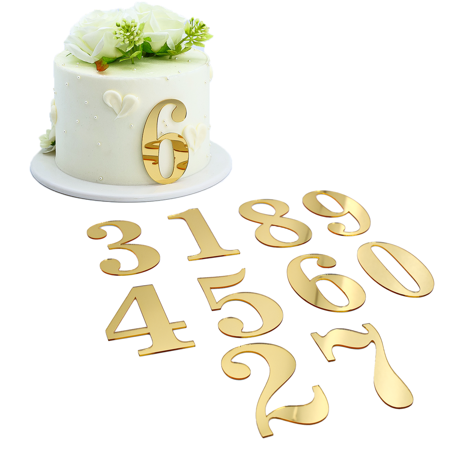 20pcs Golden Mirror Acrylic Number Cake Toppers (0–9) – Birthday & Anniversary Decoration