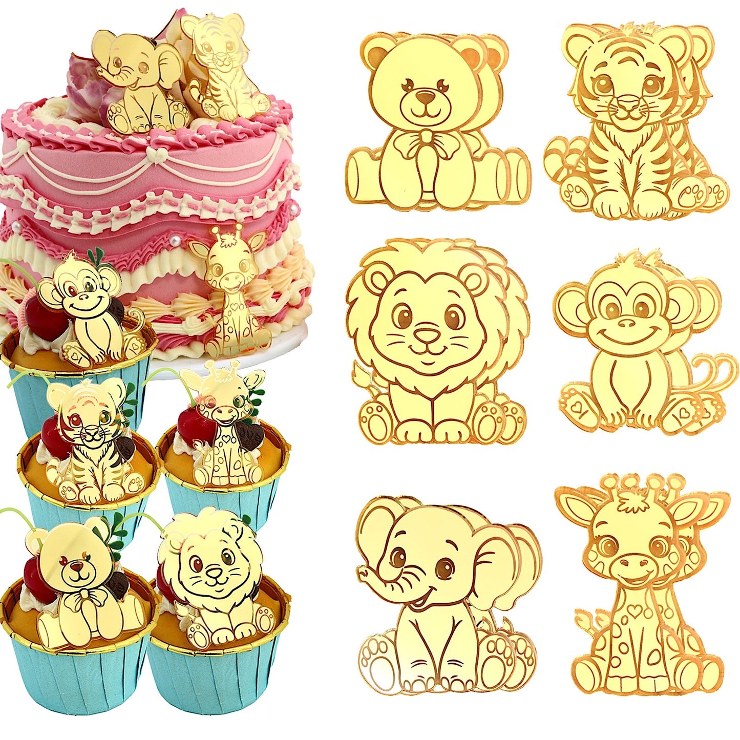 12pcs Gold Mirror Acrylic Animal Cupcake Toppers – Bear, Lion, Giraffe, Monkey, Elephant &amp; Cheetah