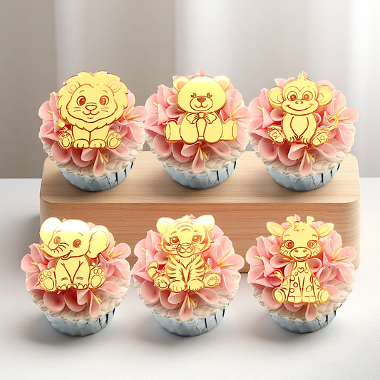 12pcs Gold Mirror Acrylic Animal Cupcake Toppers – Bear, Lion, Giraffe, Monkey, Elephant &amp; Cheetah