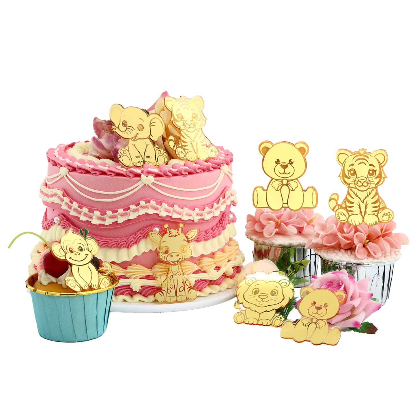 12pcs Gold Mirror Acrylic Animal Cupcake Toppers – Bear, Lion, Giraffe, Monkey, Elephant &amp; Cheetah