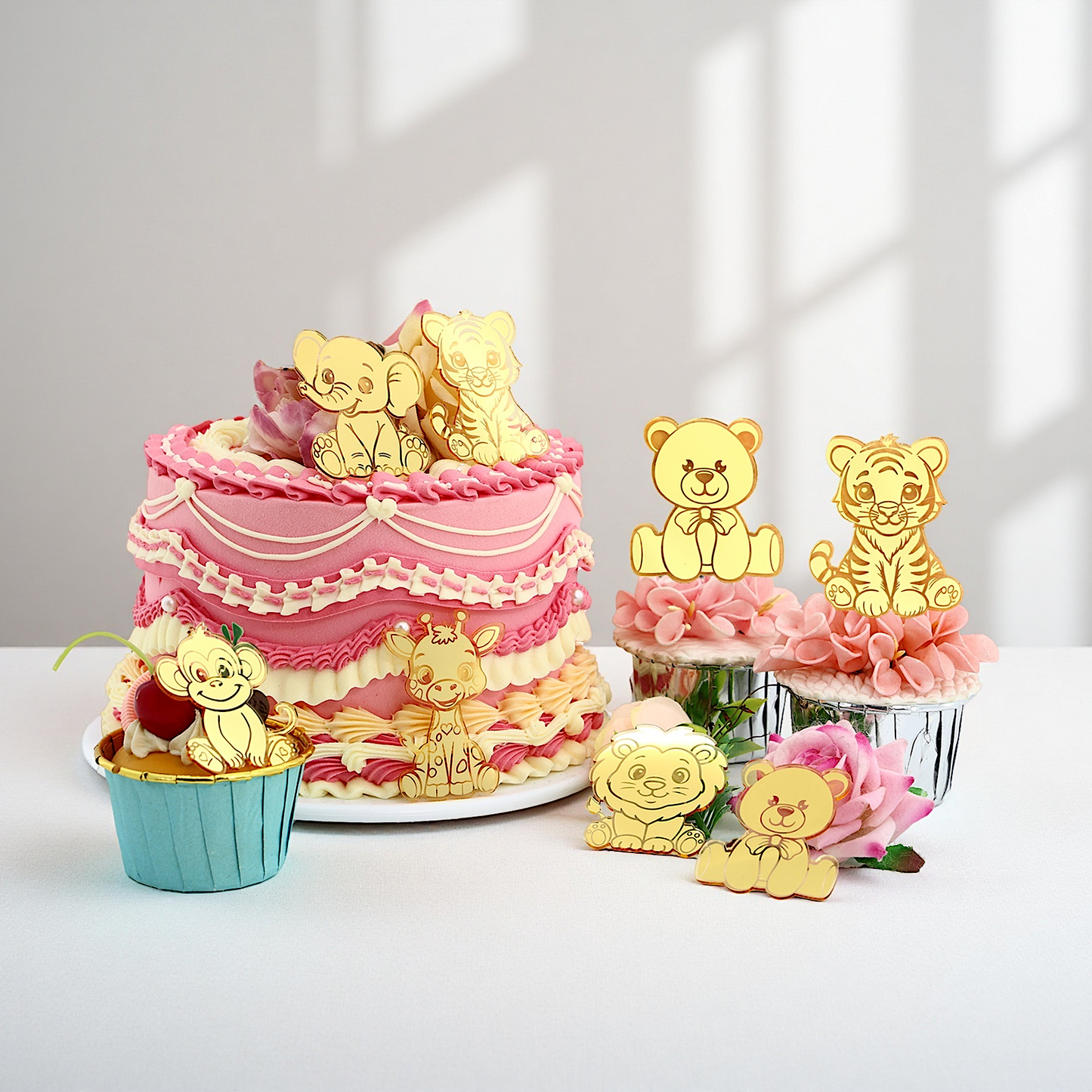 12pcs Gold Mirror Acrylic Animal Cupcake Toppers – Bear, Lion, Giraffe, Monkey, Elephant &amp; Cheetah