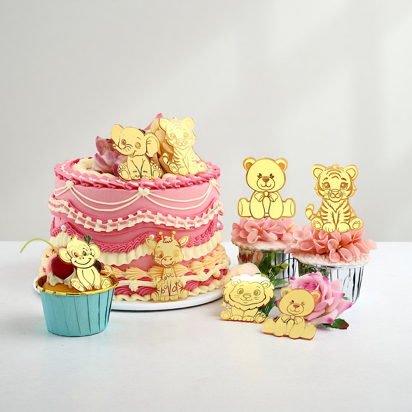 12pcs Gold Mirror Acrylic Animal Cupcake Toppers – Bear, Lion, Giraffe, Monkey, Elephant &amp; Cheetah