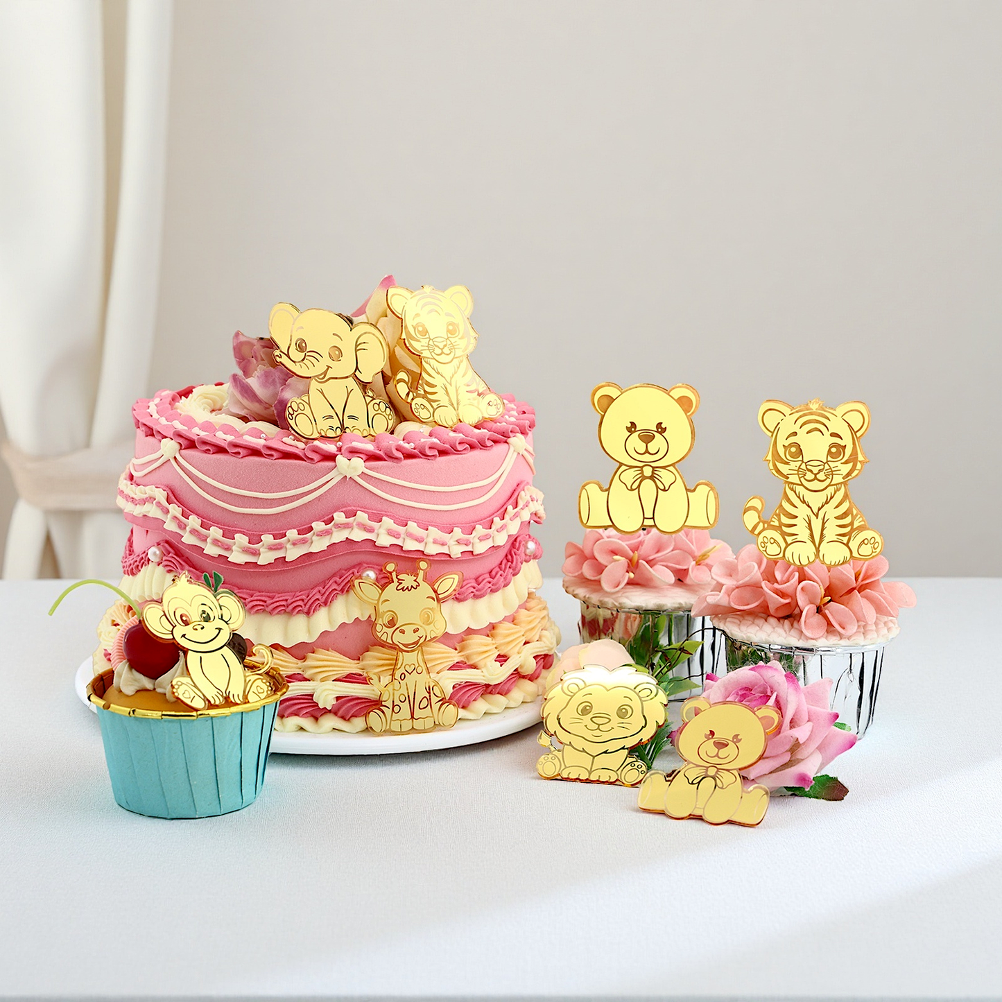 12pcs Gold Mirror Acrylic Animal Cupcake Toppers – Bear, Lion, Giraffe, Monkey, Elephant &amp; Cheetah