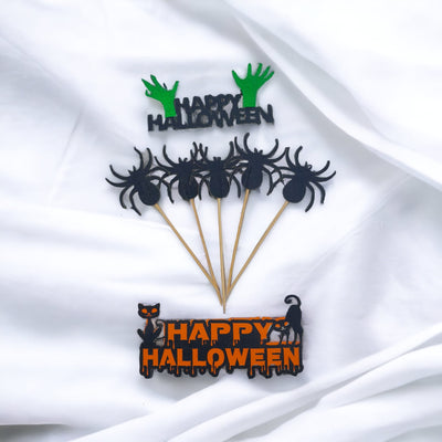 Happy Halloween Set Of 7 Card Toppers, Spiders Halloween Theme Cake Toppers