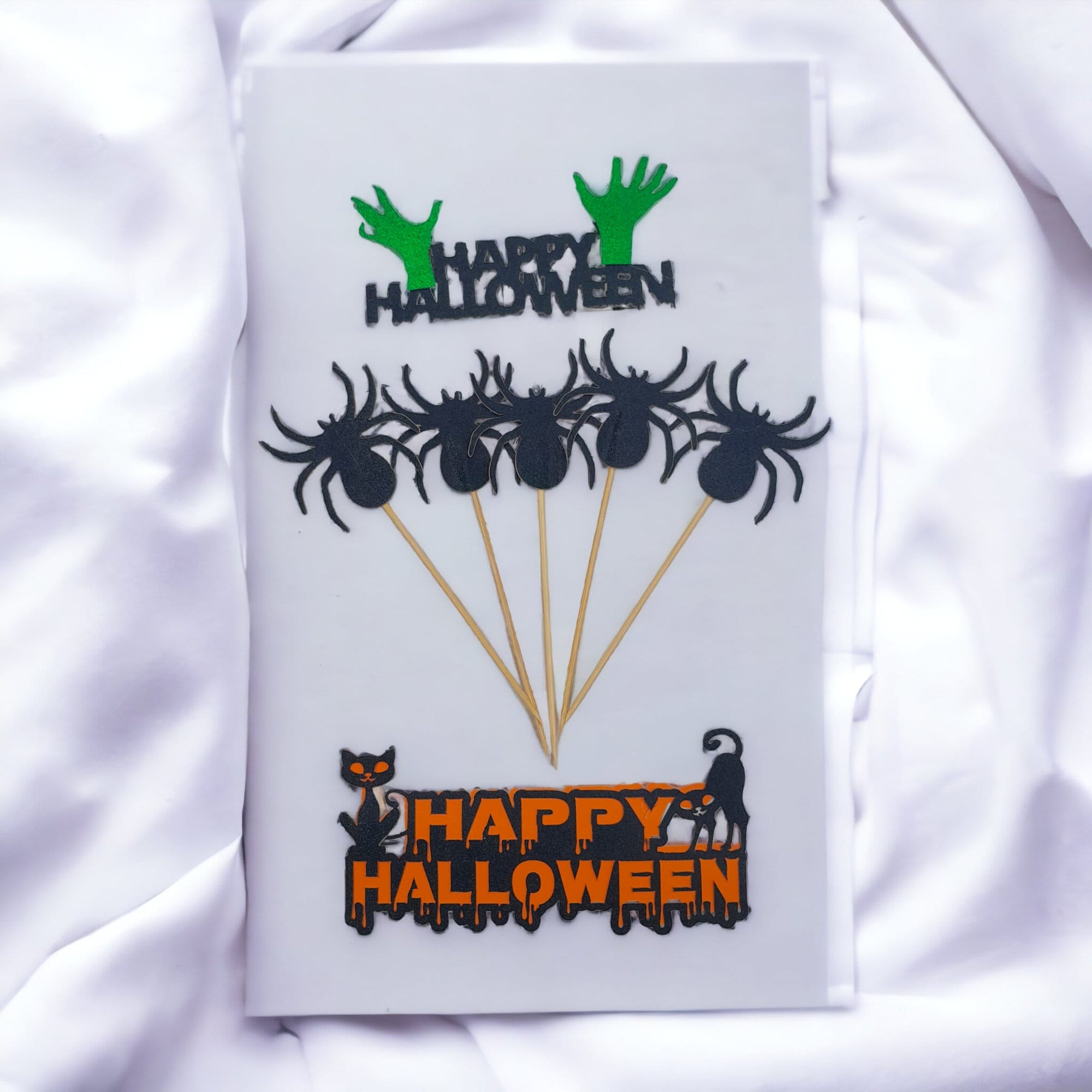 Happy Halloween Set Of 7 Card Toppers, Spiders Halloween Theme Cake Toppers