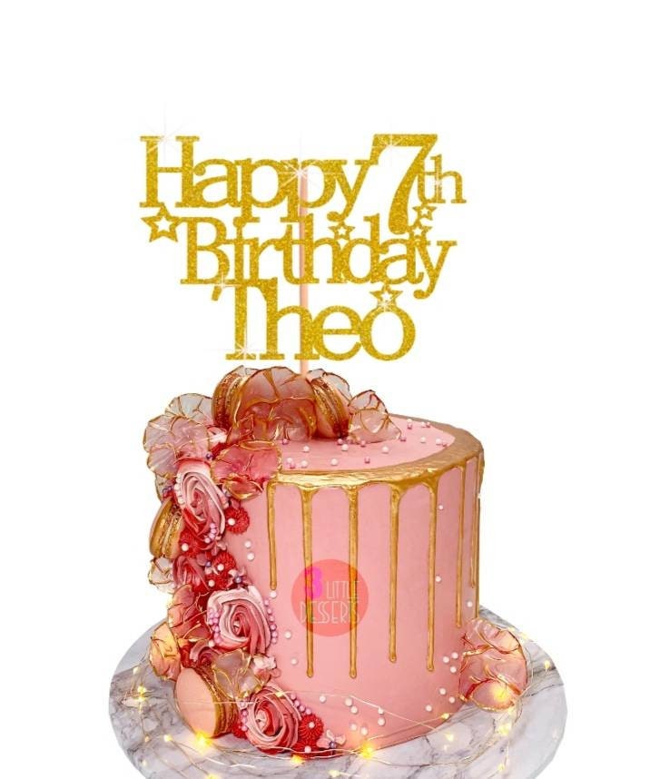 Happy 7th Birthday Cake Topper – Gold Blue Pink Sparkling Glitter Party Decoration Toppers by 3 Little Desserts