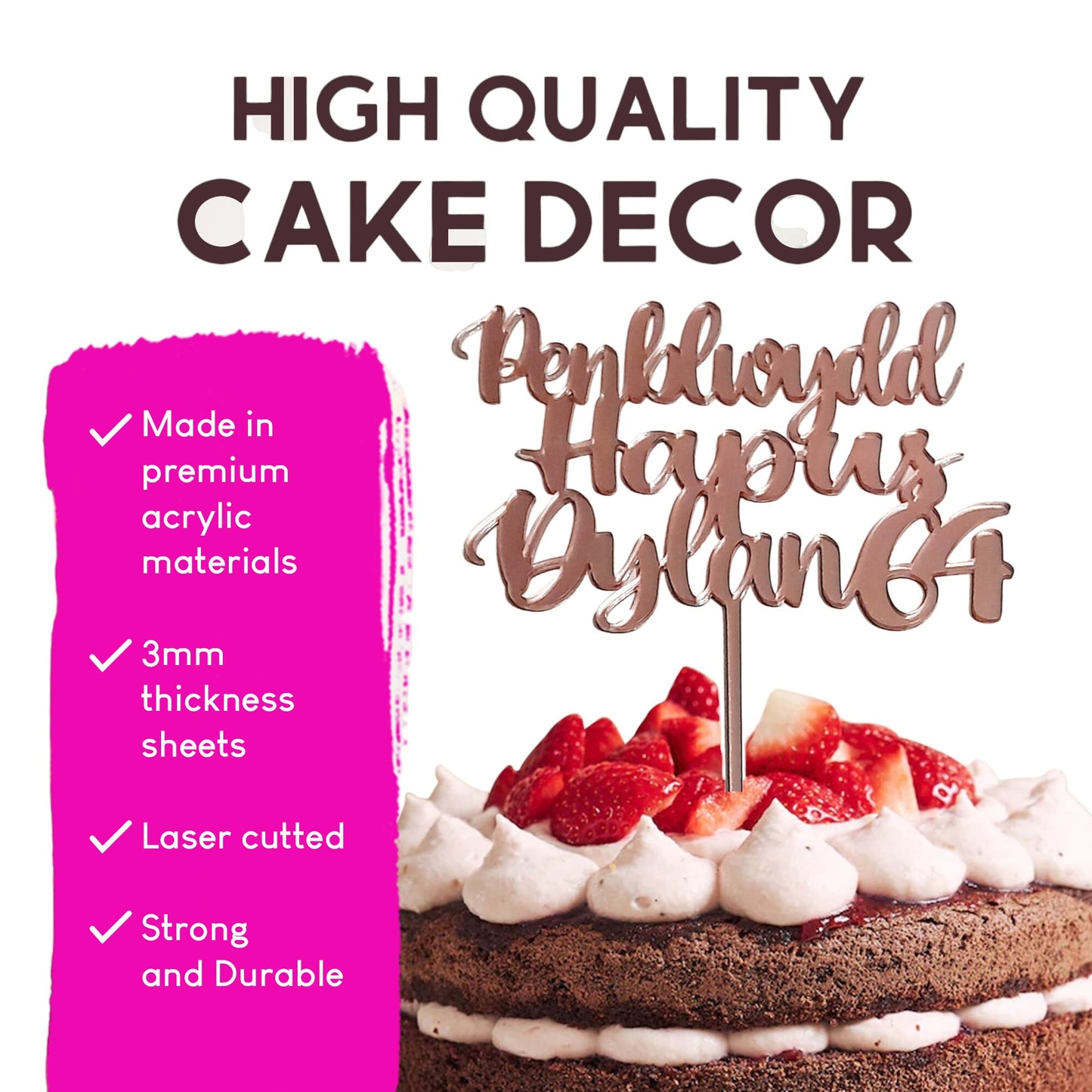 Personalized Welsh Birthday Cake Topper in 16 Colors - Custom Acrylic Decor