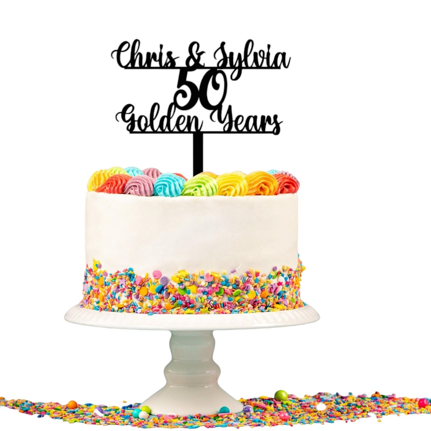 Golden 50th Anniversary Personalized Wood Cake Decoration Topper